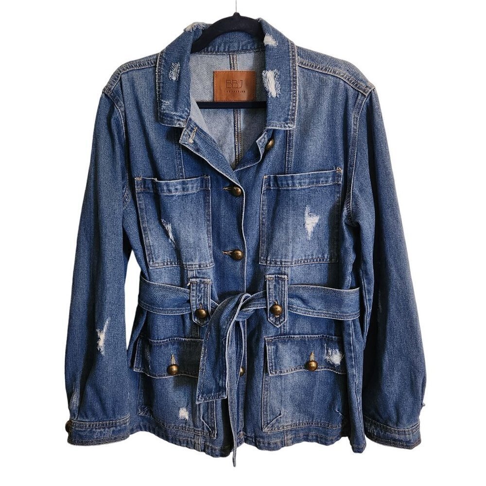 Boom Boom Jeans Distressed Retro Bold Button Belted Jean Jacket Size L
